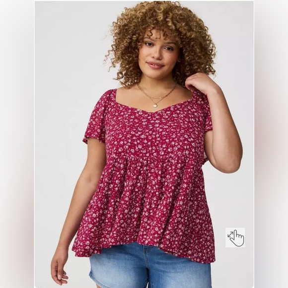 torrid Tops - Torrid Barb Ditsy Floral Red Plum Babydoll Plus Size Women’s Top 3X NWT